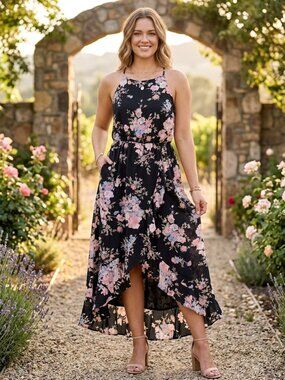 SOPRANO Black Floral High-Neck Faux Wrap Maxi Dress